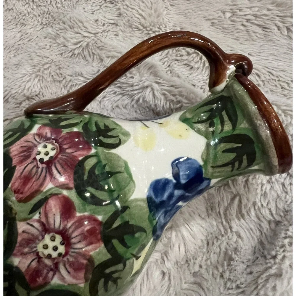 Vintage Hand‎ Painted Floral Peacock Pottery Jug Made in Japan 7.5